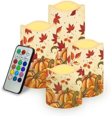 Fall Maple Leaf Pumpkin Flickering Flameless Candles with Remote LED Pillar Candles Battery Operated with Timer Color Changing Electric Candles for Thanksgiving Day Home Kitchen Decor by Uorisanigo