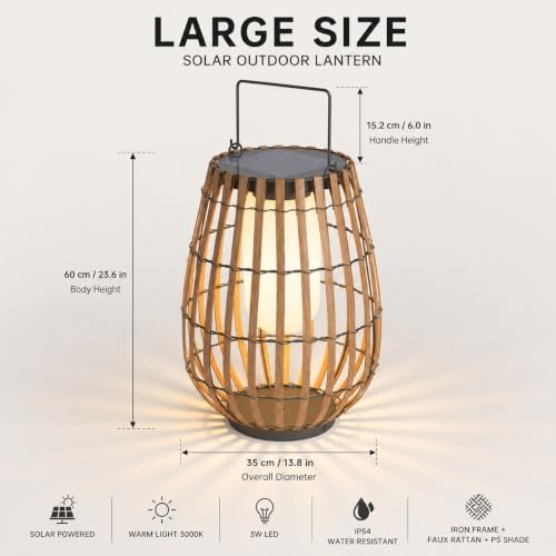 Solar Outdoor Lantern with Faux Rattan, Iron Frame and 3000K LED - Image 2