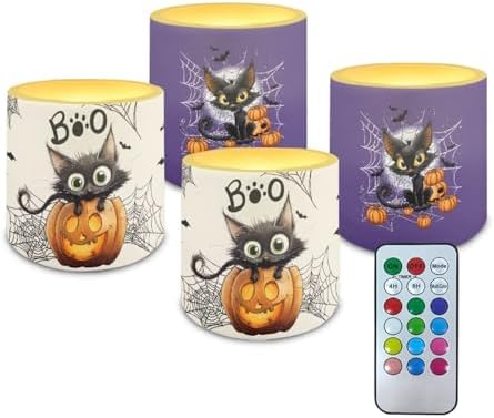 Halloween Day Candles Outdoor Waterproof Flameless Candle with Remote & Timer, Black Cat Battery Operated 3D LED Spider Web Pillar Candles for Hallowe'en Home Decor by WelcometoLuarisgur