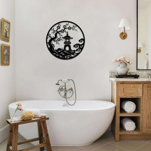 Zen Garden Blossom Pagoda Metal Wall Art WallArt Decor Metal Outdoor Decor Metal Signs Modern Minimalist Aesthetic Artwork Elegant Wall Decoration for Living Room Office Apartment (Black,24inch) - Image 3
