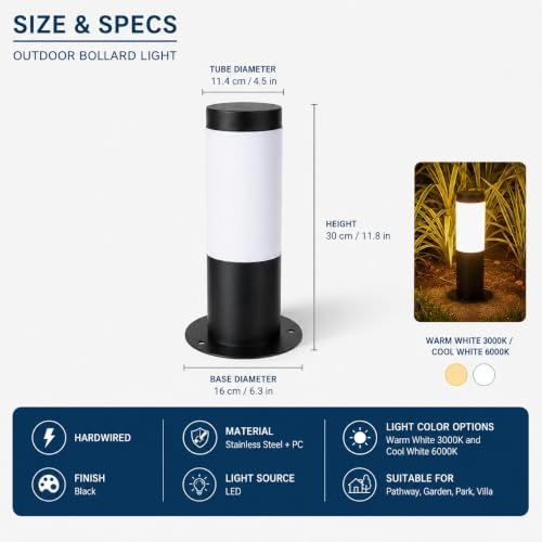Hardwired Outdoor Bollard Light, Black Stainless Steel Cylinder Lamp - Image 2