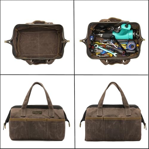 Tool Bag, 13-inch Heavy Duty 16oz Waxed Canvas Wide Mouth Water-Resistant Tool Pouch, Tool Tote with Handle for Tools, Wrenches, Screwdrivers (13 X 7.8 X 9 inch) | Grey - Image 4