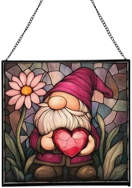 Valentine Gnome Hug Stained Glass Suncatcher – Square Hanging Window Panel for Home or Greenhouse – Whimsical Glass Art Gift for Garden Lovers, Christmas, Halloween, Father Days qaXrWI by Custom
