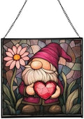 Valentine Gnome Hug Stained Glass Suncatcher – Square Hanging Window Panel for Home or Greenhouse – Whimsical Glass Art Gift for Garden Lovers, Christmas, Halloween, Father Days qaXrWI by Custom