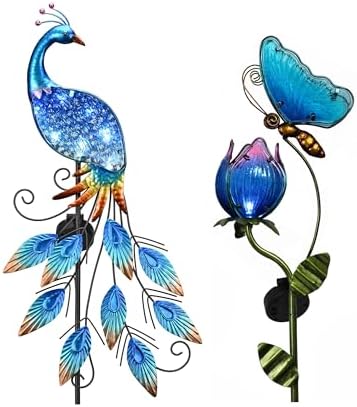 TERESA'S COLLECTIONS Garden Decor Blue Peacock with Solar Outdoor Lights, Glass Yard Art for Outside, Decorative Metal Stake Outdoor Decor for Lawn Decorations, Patio, Gifts for Mothers Day by TERESASCOLLECTIONS