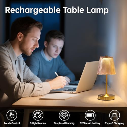 Shenmoyl Set of 2 Cordless Touch Table Lamp with 5200mAh Battery - 3 Adjustable Color Temperatures & Dimmable, Rechargeable Lamp for Bedsides, Living Room, Entryway, Bookshelves (Amber Stripe) - Image 4