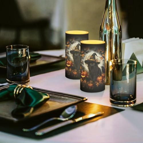 Halloween Set of 2 Flameless Candles Bulk Battery Operated Candles with Timer Remote, Black Cat Pumpkin Print LED Pillar Lights for Trick or Treat Party Decorations - Image 4