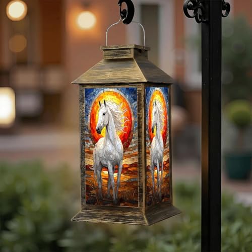 Solar Lantern Outdoor Waterproof Majestic White Horse Stained Glass Sunset Garden Decor LED Hanging Solar Lights Tabletop Lamp Gifts for Women Mom Outside Yard Patio Porch by DERUINVAIO