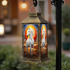 Solar Lantern Outdoor Waterproof Majestic White Horse Stained Glass Sunset Garden Decor LED Hanging Solar Lights Tabletop Lamp Gifts for Women Mom Outside Yard Patio Porch by DERUINVAIO