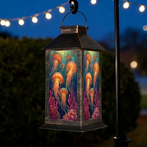 Solar Lantern Enchanting Stained Glass Jellyfish Ocean Scene Glowing Corals Outdoor Waterproof Garden Hanging Lantern Solar Powered Lighting Outside Table Lamp for Patio Deck Camping 1 Pack by Unknown