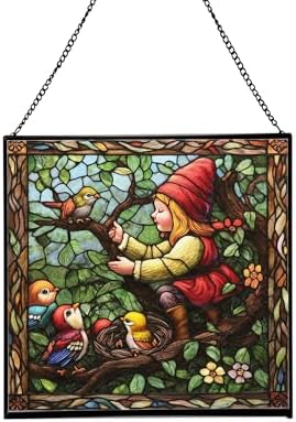 Gnome with Baby Birds Stained Glass Suncatcher – Square Hanging Window Panel for Home, Garden, Nursery, Halloween, Christmas, Memorial Day – Whimsical Glass Art Gift for Gnome Lovers bchnpw by Custom
