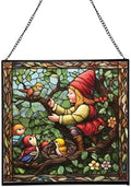 Gnome with Baby Birds Stained Glass Suncatcher – Square Hanging Window Panel for Home, Garden, Nursery, Halloween, Christmas, Memorial Day – Whimsical Glass Art Gift for Gnome Lovers bchnpw by Custom