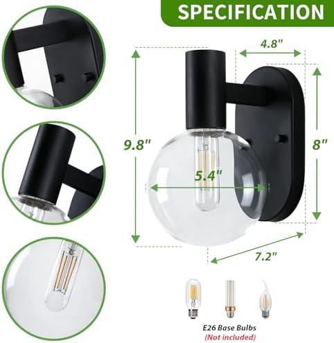 Outdoor Wall Light Fixture, Indoor Outdoor Wall Sconce, Waterproof Outdoor Porch Light, Black Vanity Light Fixture with Clear Globe Glass, Anti-Rust E26 Socket for Bathroom, Garage, Patio - Image 5
