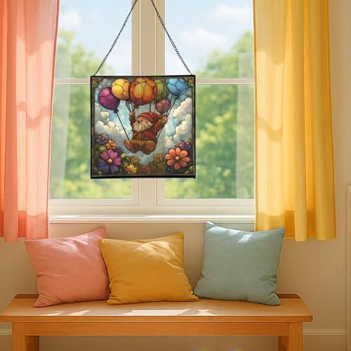 Flower Balloon Lift Gnome Stained Glass Suncatcher – Square Hanging Window Panel for Home or Greenhouse – Whimsical Glass Art Gift for Garden Lovers, Christmas, Halloween, Father Days 6a0pyd - Image 5