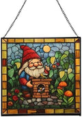 Gnome with Insect Hotel Stained Glass Suncatcher – Square Hanging Window Panel for Home, Garden, Nursery, Halloween, Christmas, Memorial Day – Whimsical Glass Art Gift for Gnome Lovers zyi931 by Custom