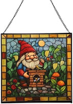 Gnome with Insect Hotel Stained Glass Suncatcher – Square Hanging Window Panel for Home, Garden, Nursery, Halloween, Christmas, Memorial Day – Whimsical Glass Art Gift for Gnome Lovers zyi931 by Custom