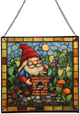 Gnome with Insect Hotel Stained Glass Suncatcher – Square Hanging Window Panel for Home, Garden, Nursery, Halloween, Christmas, Memorial Day – Whimsical Glass Art Gift for Gnome Lovers zyi931 by Custom