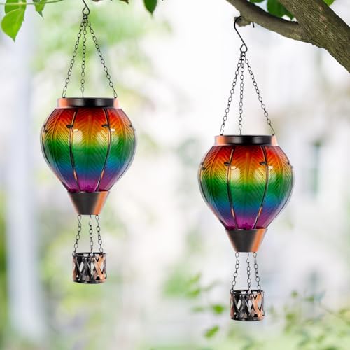 Starsoul 2PCS Hot Air Balloon Solar Lantern Colorful Solar Hot Air Balloon Lantern with Flame Light Waterproof Hanging Outdoor Lantern with Candle Holder for Patio Garden Yard Farmhouse Decor - Image 3