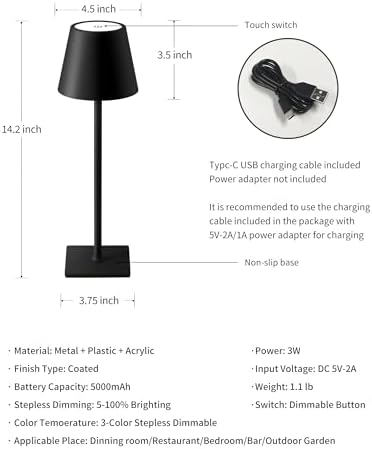 KDG 2 Pack Cordless Black Table Lamps, Rechargeable Portable LED Desk Lamps - Image 5