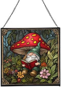 Gnome in Mushroom Hollow Stained Glass Suncatcher – Square Hanging Window Panel for Home or Greenhouse – Whimsical Glass Art Gift for Garden Lovers, Christmas, Halloween, Father Days FpWUpN by Custom