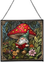 Gnome in Mushroom Hollow Stained Glass Suncatcher – Square Hanging Window Panel for Home or Greenhouse – Whimsical Glass Art Gift for Garden Lovers, Christmas, Halloween, Father Days FpWUpN by Custom