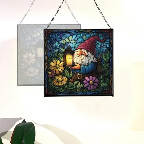 Candlelight Gnome Night Stained Glass Suncatcher – Square Hanging Window Panel for Home or Greenhouse – Whimsical Glass Art Gift for Garden Lovers, Christmas, Halloween, Father Days fqYaay - Image 4