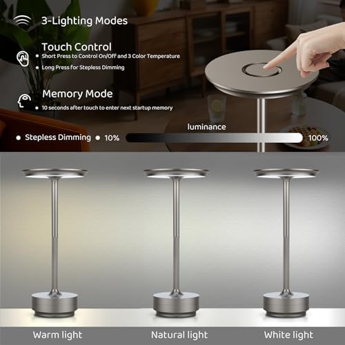 UdoUto 2-Pack Cordless Table Lamps Rechargeable, Silver - Image 4