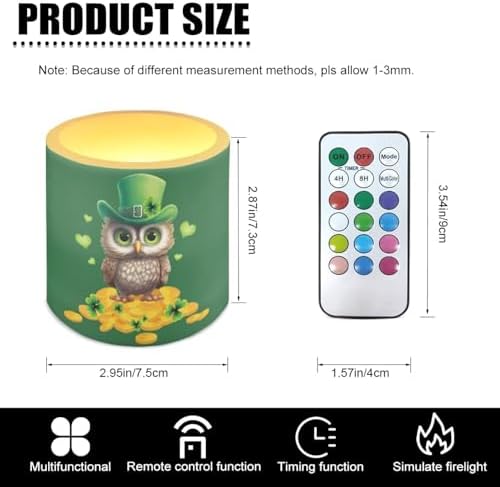 Flameless Candles with 18-Key Remote Battery Operated Candles with Timer St Patrick's Day Owl Gold Shamrocks LED Pillar Tea Lights for Patio Porch Home Decorations - Image 3