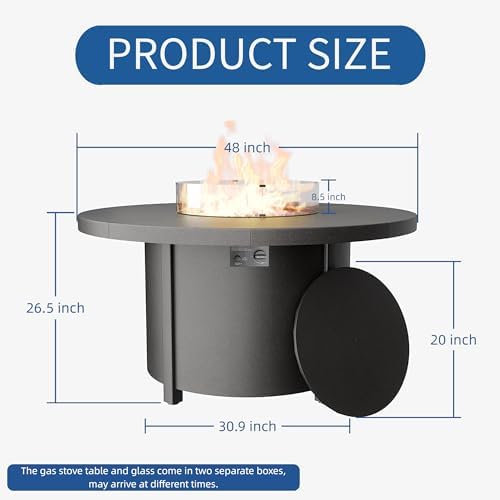 48" Round Propane Fire Pit Table with Lid, 40,000 BTU Outdoor Gas Fire Pits CSA Certified for Outside Steel Tabletop Fire Pit with Blue Glass Rock&Windshield Glass for for Patio, Balcony,Garden - Image 2