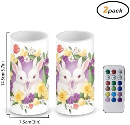 2 Pcs Battery Operated Flameless Candles with Remote and Timer Boho Floral Bunny Flameless LED Pillar Candles for Home Dining Room Decoration Battery Tealights - Image 2