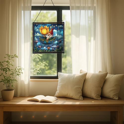 Gnome in Tulip Teacup Stained Glass Suncatcher – Square Hanging Window Panel for Home or Greenhouse – Whimsical Glass Art Gift for Garden Lovers, Christmas, Halloween, Father Days VpwJzL - Image 7
