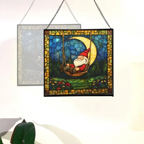 Moon Swinging Gnome Stained Glass Suncatcher – Square Hanging Window Panel for Home or Greenhouse – Whimsical Glass Art Gift for Garden Lovers, Christmas, Halloween, Father Days npNIdd - Image 4