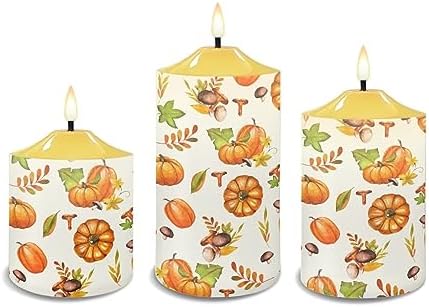 Cozeyat 3 Pieces Flameless Candles with Remote Control, Flickering Realistic Wax Pillar Tealights, Autumn Pumpkin Pattern Flameless Bullet Floating Candles for Thanksgiving Day - Image 2