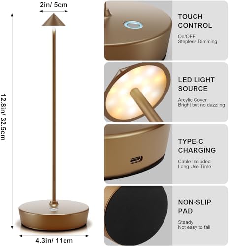 2Pack Rechargeable Cordless Table Lamp, Portable Powered LED Battery 6000mAh Metal USB Desk Lamp, 3 Levels Brightness Light for Restaurants Outdoor (2pack Titanium) - Image 6