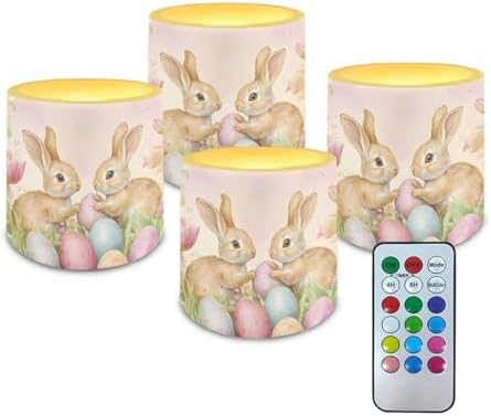 Pack of 4 Easter Day Flameless Candles with Remote Battery Operated Candles with Timer Flickering LED Elictric Pillar Tealights for Party Decorations, Easter Egg Bunny Tulip by Merkmak