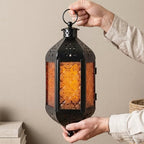 Vela Lanterns Hanging Moroccan Lantern with LED Twinkle Fairy Lights - Exotic Decorative Patio & Porch Decor, Indoor Outdoor Candle Lamp Holder with Chain (13" Large, Amber Glass) - Image 7
