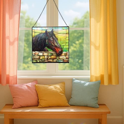 Black Morgan Horse Watching Over Stone Wall Square Suncatcher – Stained Glass Style Window Panel with Pastoral Scene, Custom Decorative Hanging Art for Equestrian Home, Christmas 9GkWE2 - Image 5