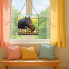 Black Morgan Horse Watching Over Stone Wall Square Suncatcher – Stained Glass Style Window Panel with Pastoral Scene, Custom Decorative Hanging Art for Equestrian Home, Christmas 9GkWE2 - Image 5