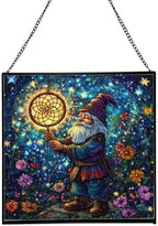 Gnome with Dreamcatcher Stained Glass Suncatcher – Square Hanging Window Panel for Home or Greenhouse – Whimsical Glass Art Gift for Garden Lovers, Christmas, Halloween, Father Days 8jzg1a by Custom