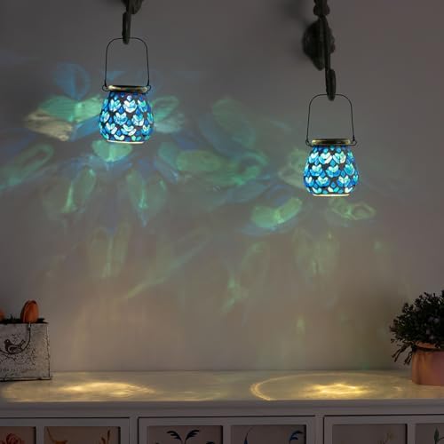 Stargarden 4 Pack Mosaic Solar Lanterns, Blue Glass Hanging Lantern - Image 5