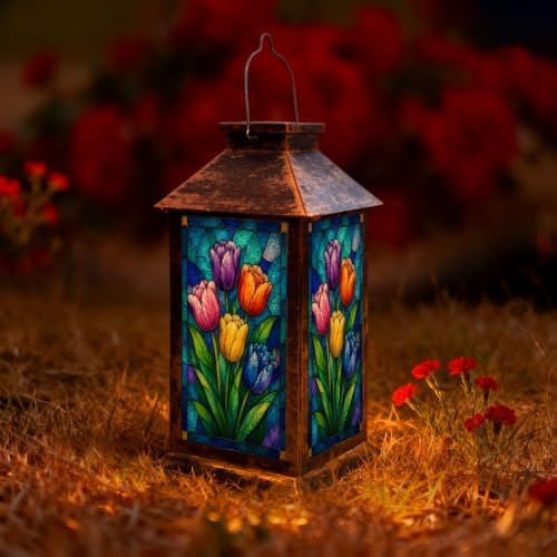 Solar Lantern Vivid Stained Glass Style Outdoor Waterproof Garden Hanging Lantern Solar Powered Lighting Outside Solar Light for Patio Yard Camping, Gifts for Women Mom by Unknown