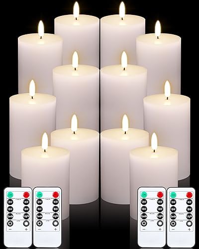 VIHOSE 12 Pack White Flameless Candles Set with Remote and Timer Flickering Flameless Battery Candles Flat Top LED Pillar for Wedding Outdoor Home Festival Decoration(D 3'' H 4'' 5'' 6'') by VIHOSE