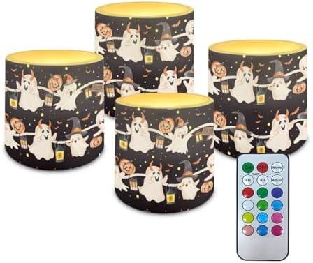 4Pcs LED Candles Halloween Pumpkin Ghost Flickering Flameless Candles with Remote and Timer Battery Operated Pillar Tea Lights for Indoor Outdoor Party Home Decor by Merkmak