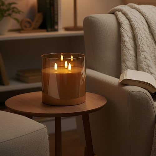NICEME Extra Large 3 Wick Battery Operated Candle, 6"x6" Big Clear Glass Flameless Candles with Remote, Real Wax Flickering Led Pillar Fake Giant Candle for Wedding Party Holiday Home Decor, Gold - Image 3