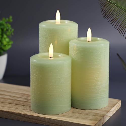 LumiPur Essentials Natural Glow Flameless Flickering Wax Pillar 3 Pack LED Candles (3" x 4" 5" & 6") Sage Green by LumiPur