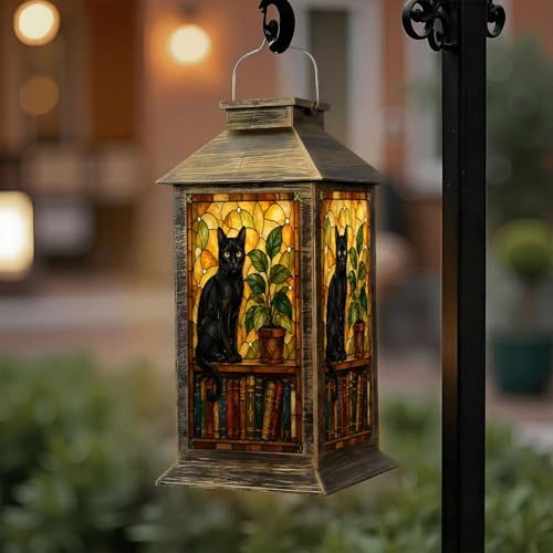 Solar Lantern Outdoor Waterproof Black Cat Silhouette Bookshelf Potted Plant Stained Glass Style Garden Decor LED Hanging Solar Lights Tabletop Lamp Gifts for Women Mom Outside Yard Patio Porch by DERUINVAIO