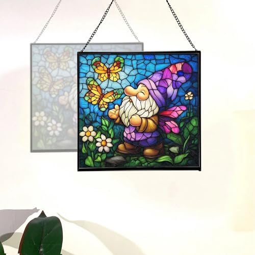 Butterfly Catcher Gnome Stained Glass Suncatcher – Square Hanging Window Panel for Home or Greenhouse – Whimsical Glass Art Gift for Garden Lovers, Christmas, Halloween, Father Days K7Li0G - Image 4