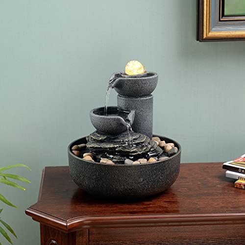 GOSSI Tabletop Water Fountain 2-Tier Indoor Waterfall Fountain with LED Light, Cobblestone & Glass Rolling Ball, Soothing Meditation Sounds for Office & Home Decor - Image 4