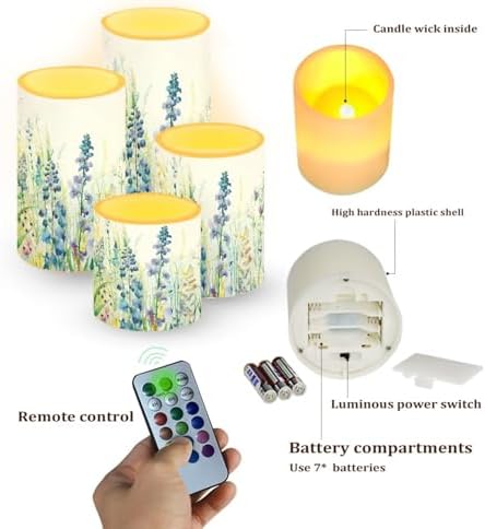 Pack of 4 Flickering Flameless Candles Bulk with Remote Outdoor Battery Operated LED Candles with Timer Elictric Pillar Lights for Beach Coastal Home Decoration, Floral Green Leaves - Image 6