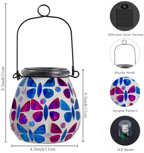 Stargarden 4 Pack Mosaic Solar Lanterns, Glass Hanging Lantern Outdoor - Image 6